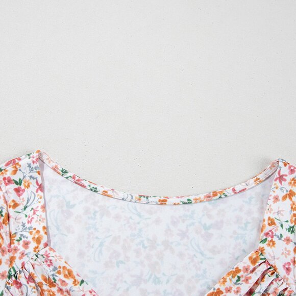 B251 Orange Short Sleeve Floral Ruched Sweetheart Bodysuit - Picture 12 of 16